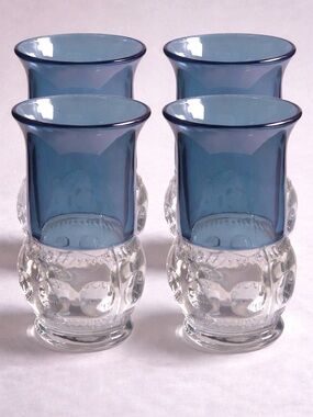 Vintage Tiffin Blue Flashed Glass Tumblers Set 4 King’s Crown Thumbprint MCM